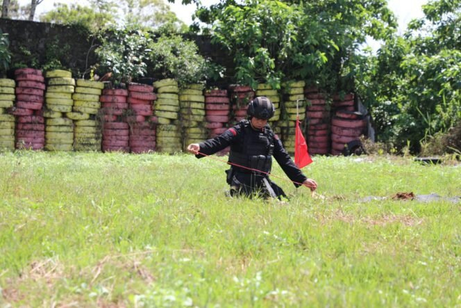 
					Poto: Anggota Brimob Polda Lampung memusnahkan dua granat aktif jenis UXO (ist)