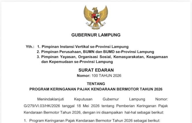 
					Poto: Surat Edaran Gubernur lampung terkait pajak kendaraan (ist).